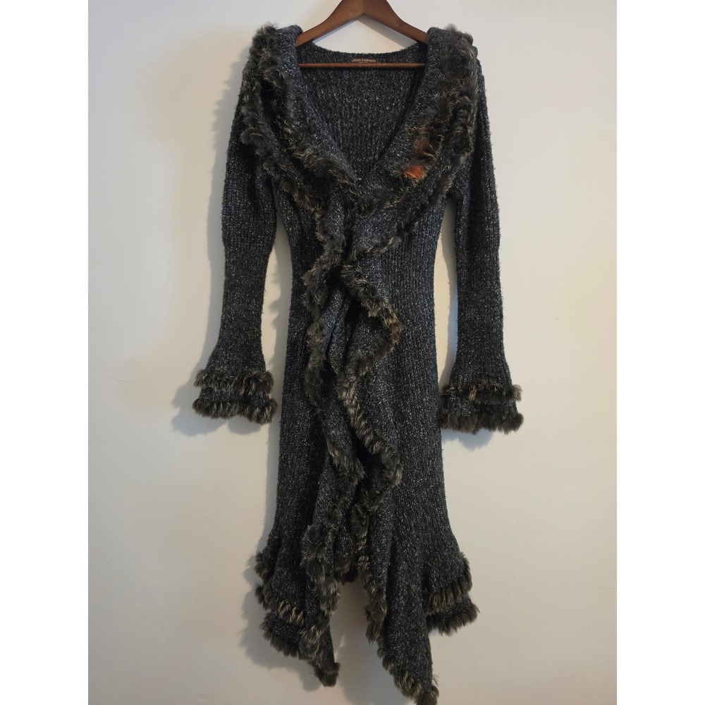 John Fashion Sweater Women L Gray Wool Blend Faux Fur Ruffle Cardigan Duster